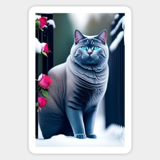 Unlock the Enchantment of British Shorthair and Snowy Roses Sticker